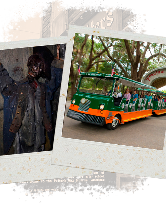 Pictures of St. Augustine Potter's Wax Museum and trolley
