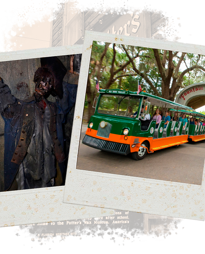 Pictures of St. Augustine Potter's Wax Museum and trolley